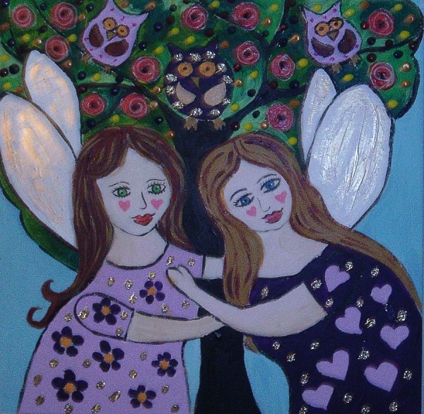 Angels standing by a folk art tree