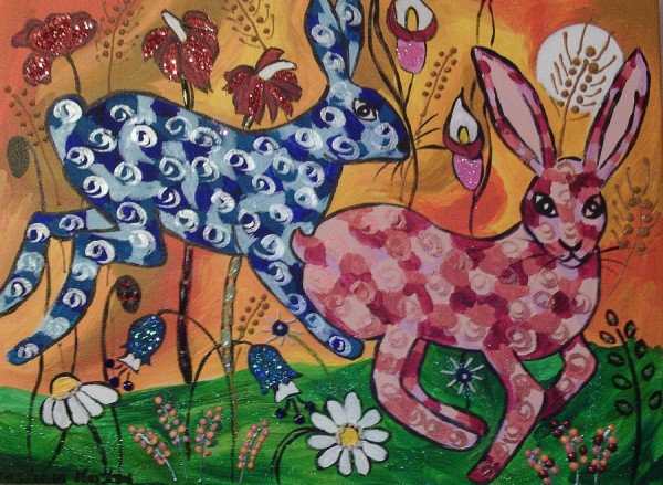 Quirky Hares running among the flowers