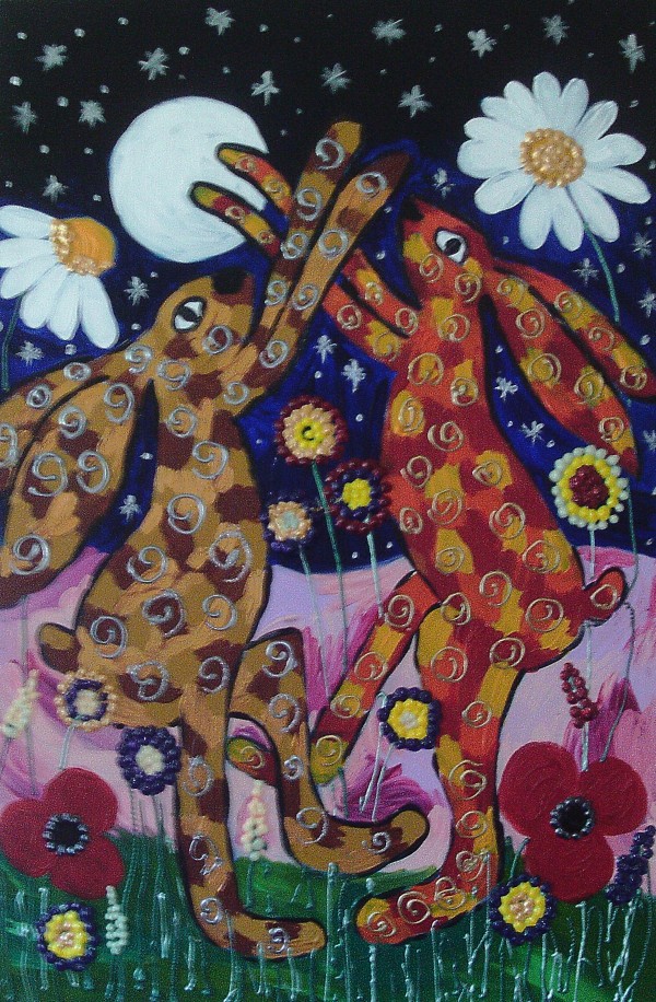 Quirky Hares dancing among the Daisies at Night