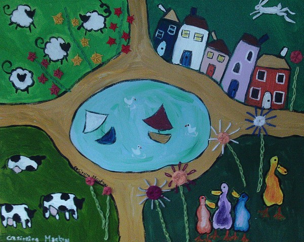 The Pond, naive painting with cows and sheep