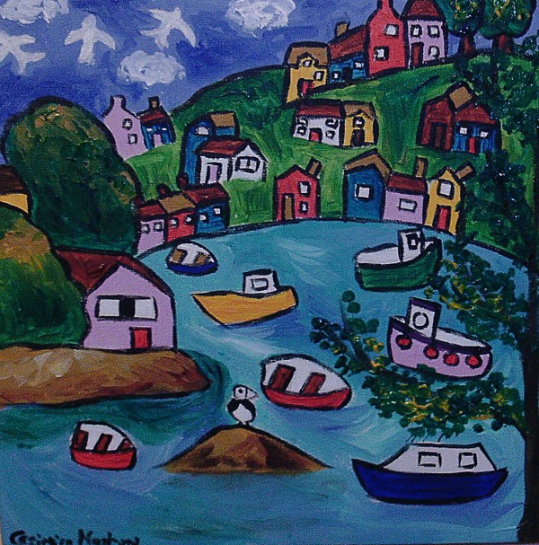 Naive painting of Dartmouth with colourful boats and houses