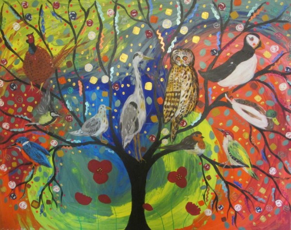 The Colourful bird tree in the rainbow sky