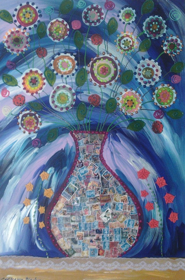 Vase with stamps and embroidered Hollyhock