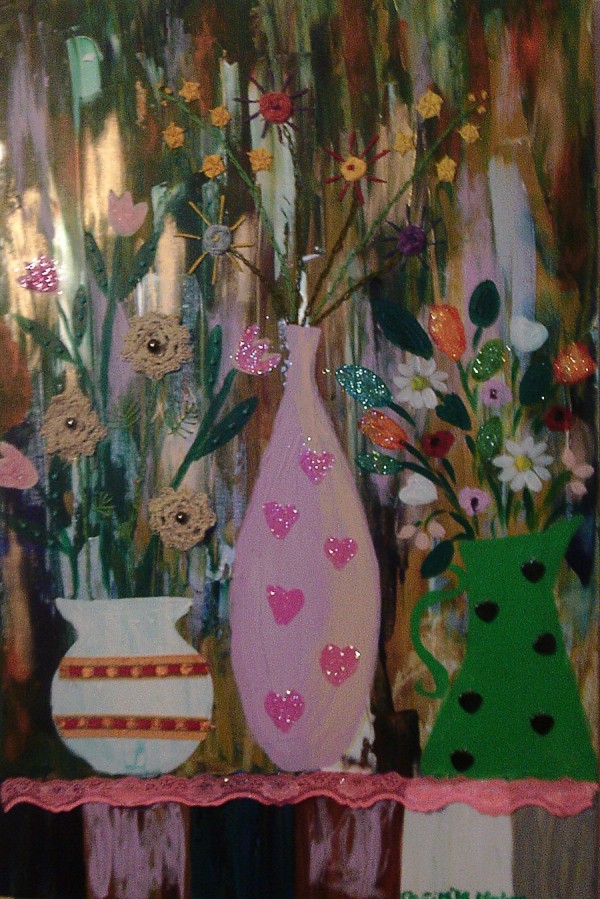Colourful vases with embroidered flowers