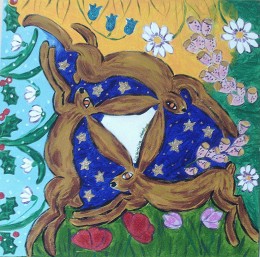 Hares running around the moon in summer and winter