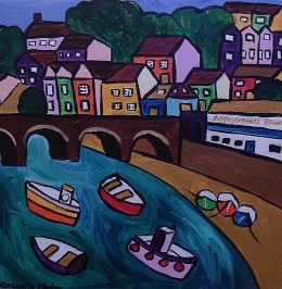 Naive seascape of Looe with colourful houses and boats