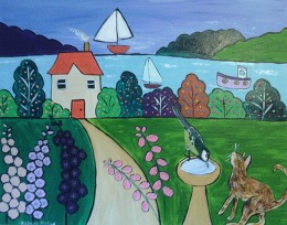 Colourful Naive seascape with Great Tit and Cat