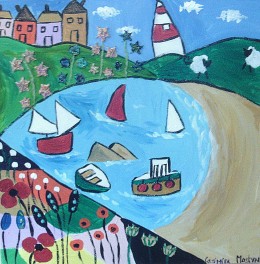 Naive seascape with patchwork field and flowers