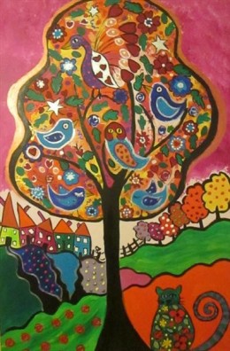 A quirky cat and a quirky bird tree