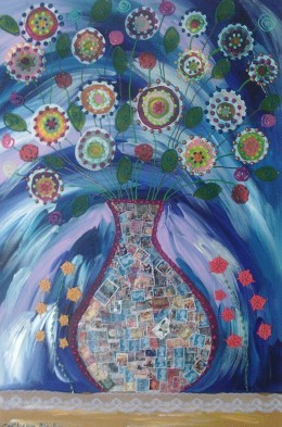 Vase with stamps and embroidered Hollyhock